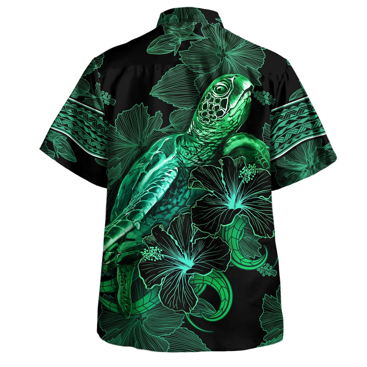 Gambier Islands Hawaiian Shirt  Sea Turtle With Blooming Hibiscus Flowers Tribal Green