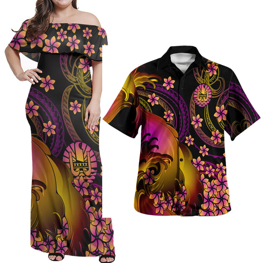 Tahiti Polynesian Pattern Combo Dress And Shirt Plumeria In Wave