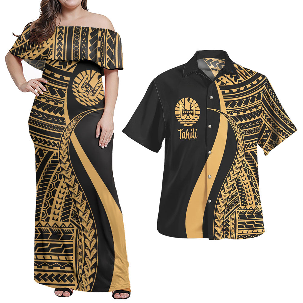 Tahiti Combo Dress And Shirt - Polynesian Tentacle Tribal Pattern Gold