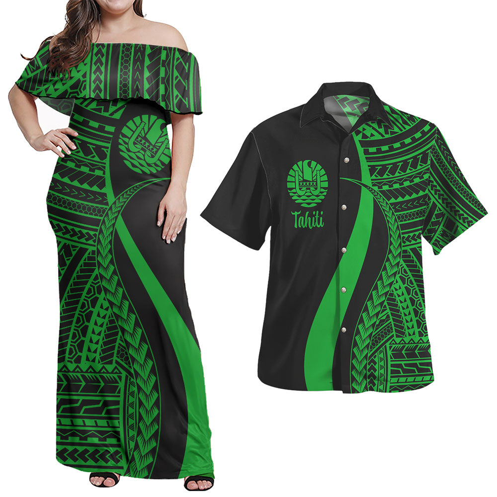 Tahiti Combo Dress And Shirt - Polynesian Tentacle Tribal Pattern Green
