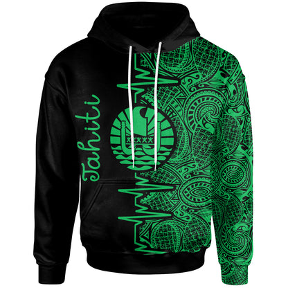 Tahiti Polynesian Hoodie - Tahiti Flag Heartbeat Pattern Green Version