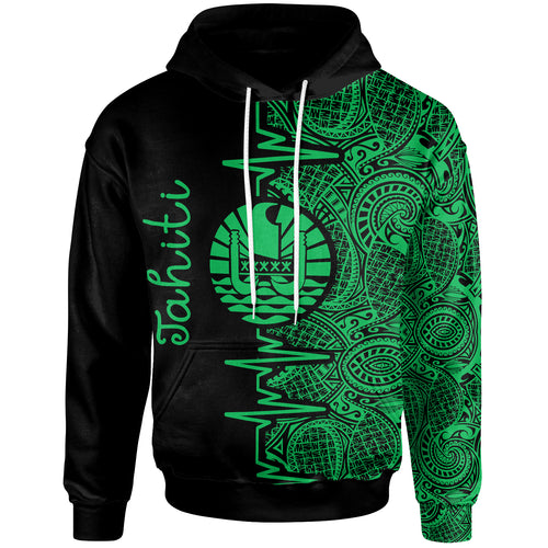 Tahiti Polynesian Hoodie - Tahiti Flag Heartbeat Pattern Green Version
