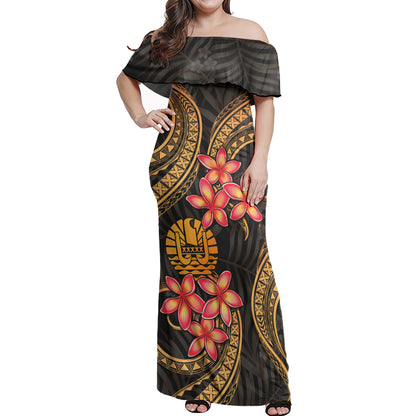 Tahiti Woman Off Shoulder Long Dress Polynesian Gold Plumeria