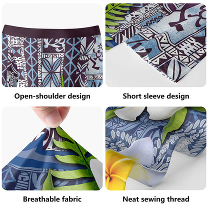 Hawaii Short Sleeve Off The Shoulder Lady Dress Tapa Turtle Plumeria