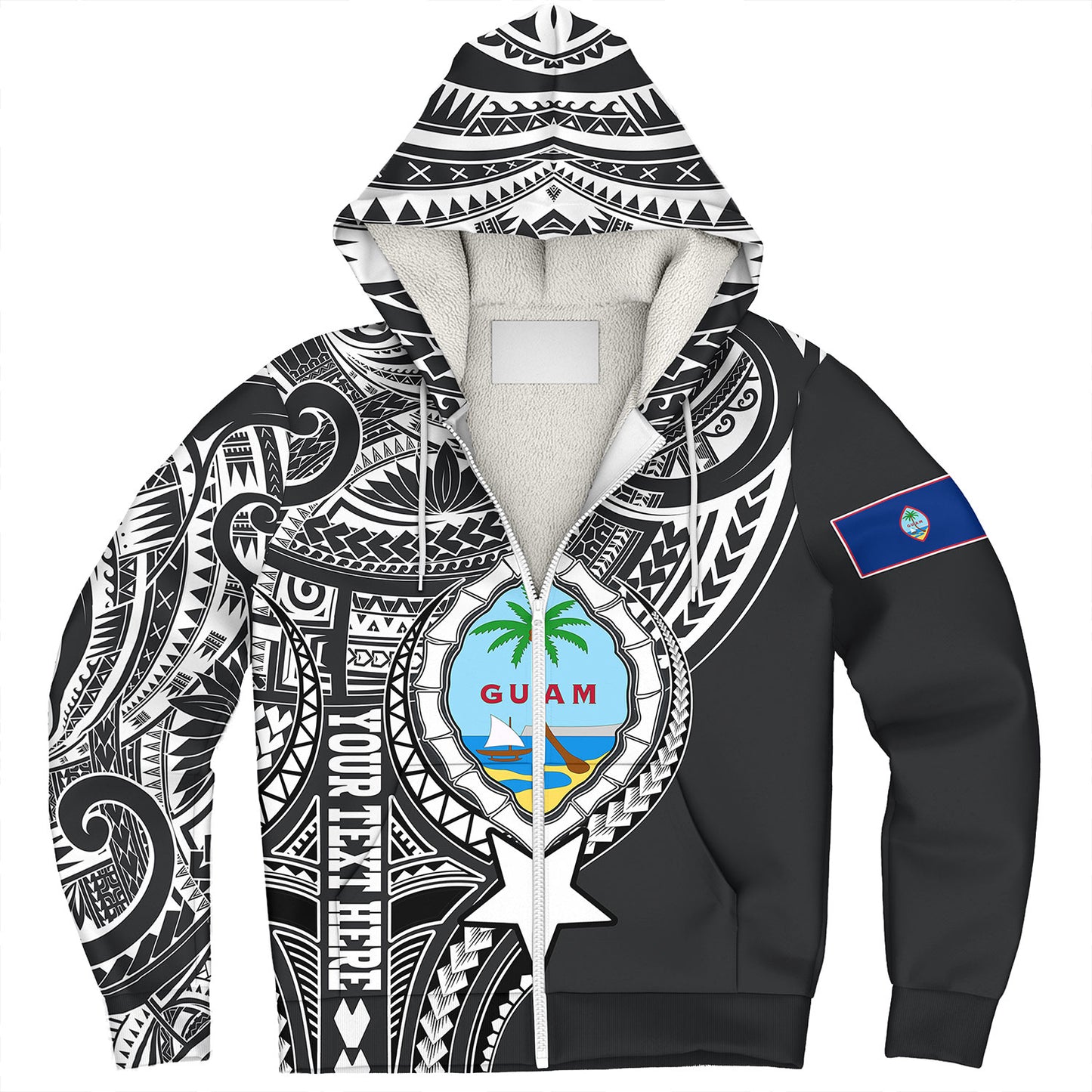 Guam Sherpa Hoodie Custom Guam Coat Of Arms Polynesian Half Body Tattoo Black Style