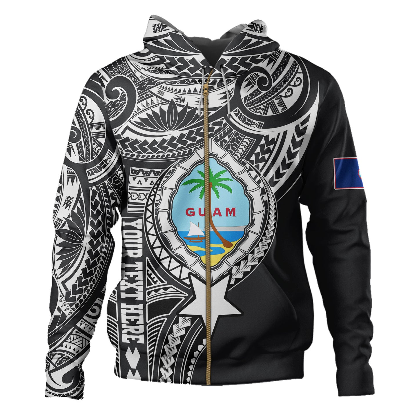 Guam Hoodie Custom Guam Coat Of Arms Polynesian Half Body Tattoo Black Style
