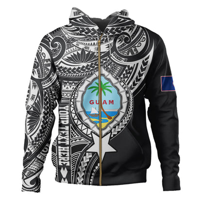 Guam Hoodie Custom Guam Coat Of Arms Polynesian Half Body Tattoo Black Style