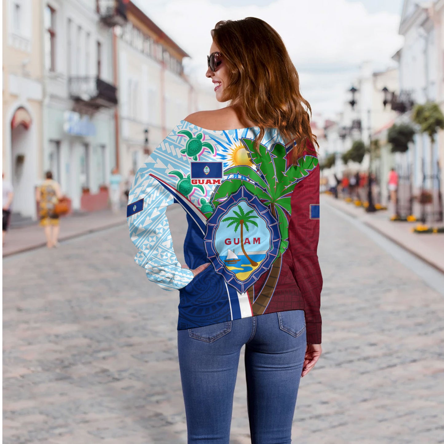 Guam Off Shoulder Sweatshirt Custom Guam Chamorro Coconut Tree of Life Polynesian Tribal Pride