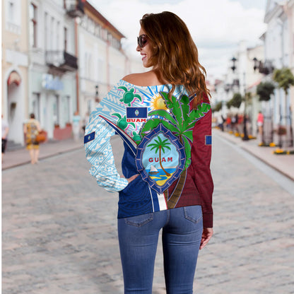 Guam Off Shoulder Sweatshirt Custom Guam Chamorro Coconut Tree of Life Polynesian Tribal Pride