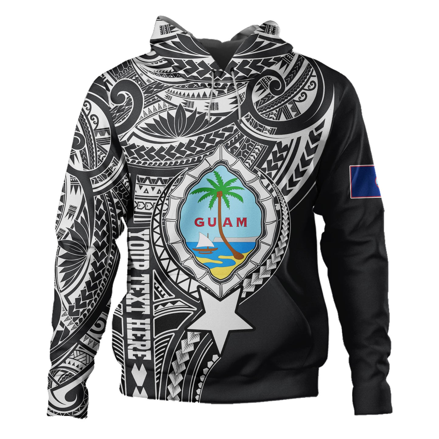 Guam Hoodie Custom Guam Coat Of Arms Polynesian Half Body Tattoo Black Style