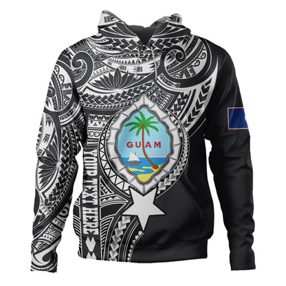 Guam Hoodie Custom Guam Coat Of Arms Polynesian Half Body Tattoo Black Style