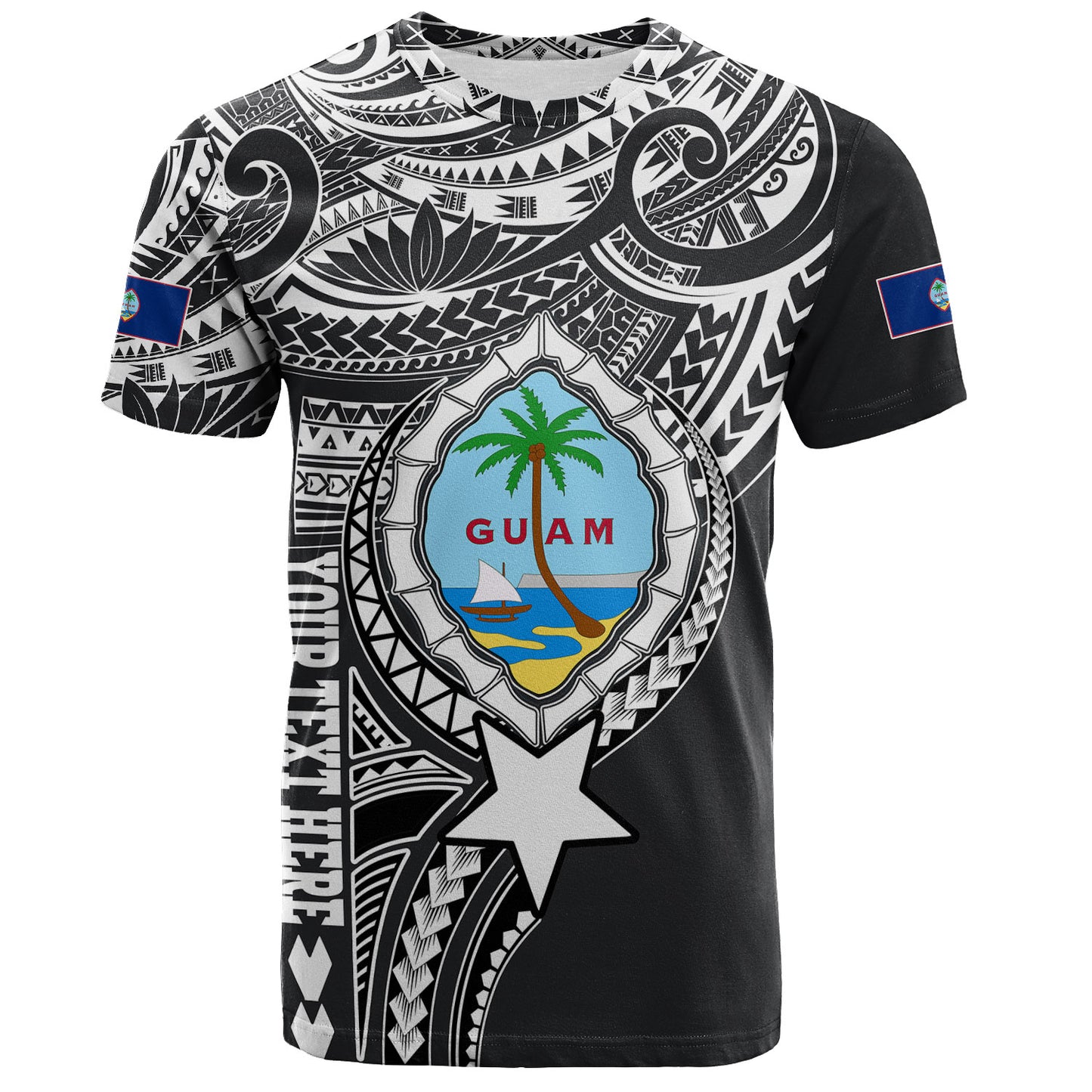 Guam T-Shirt Custom Guam Coat Of Arms Polynesian Half Body Tattoo Black Style