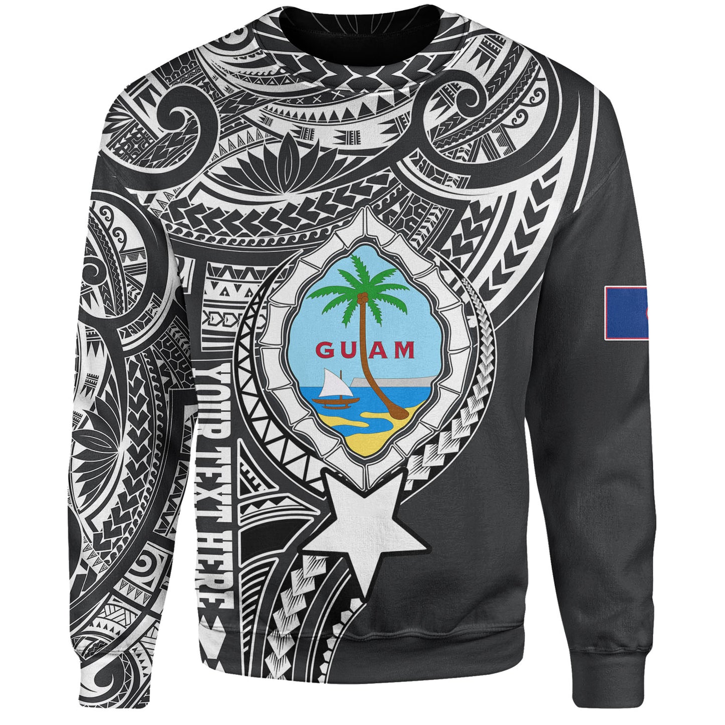 Guam Sweatshirt Custom Guam Coat Of Arms Polynesian Half Body Tattoo Black Style