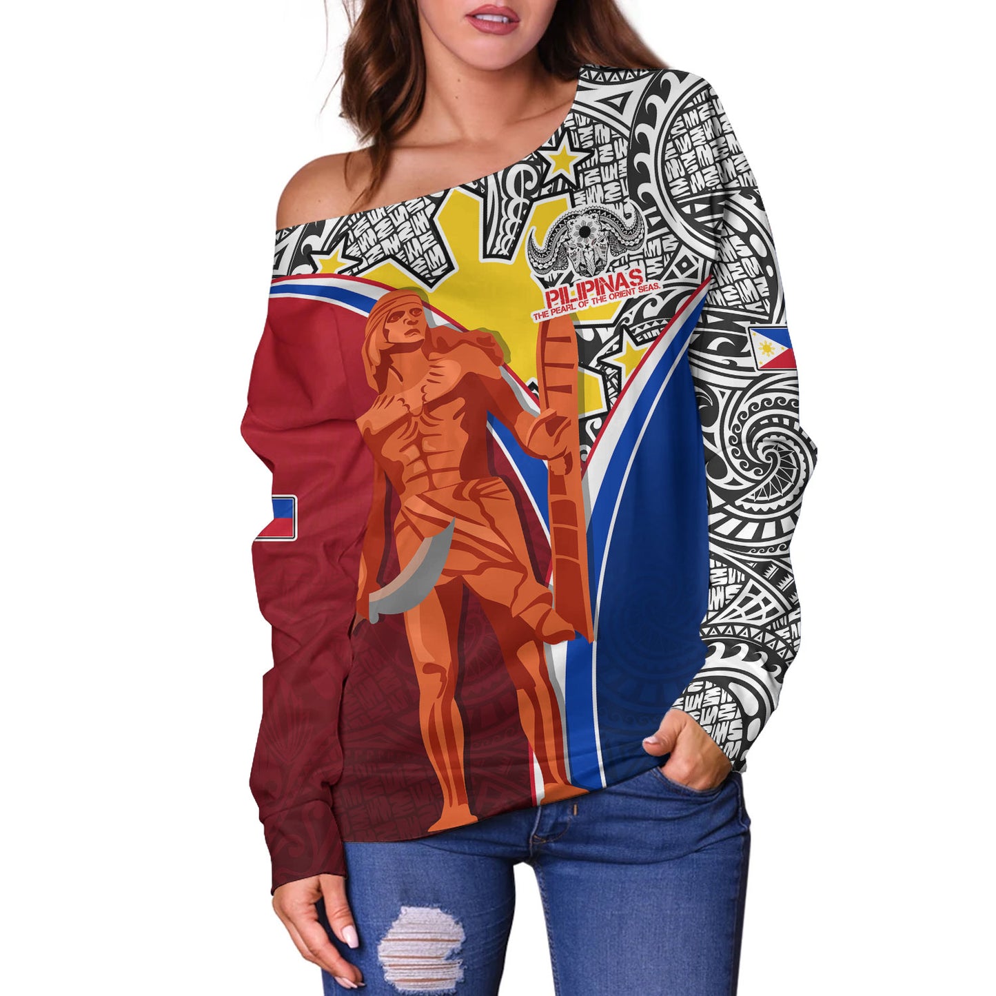 Philippines Filipinos Off Shoulder Sweatshirt Philippines Lapu Lapu With Tribal Kalabaw And Sun