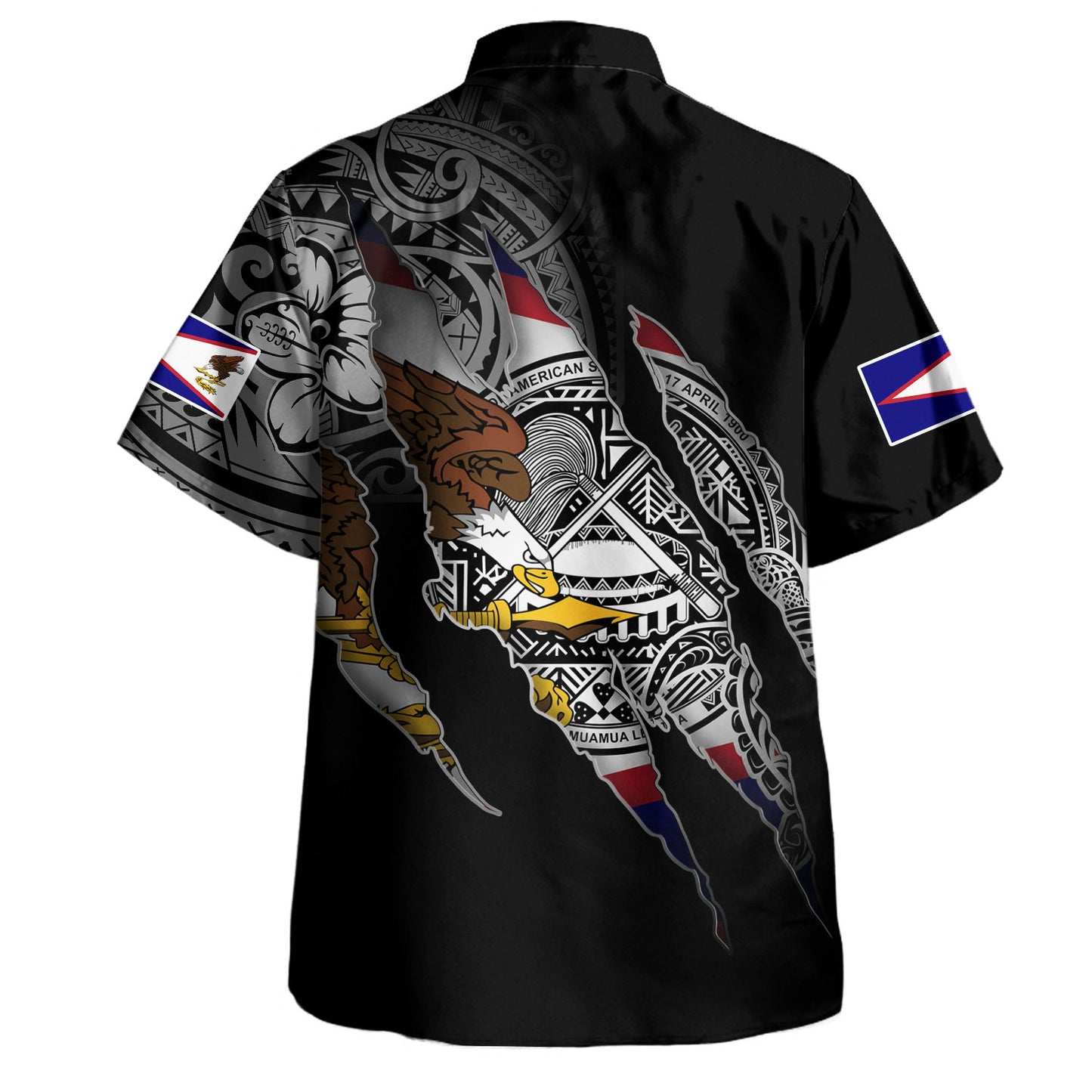 American Samoa Hawaiian Shirt Custom AS Pride Polynesian Sleeve Tattoo Scratch Style Black