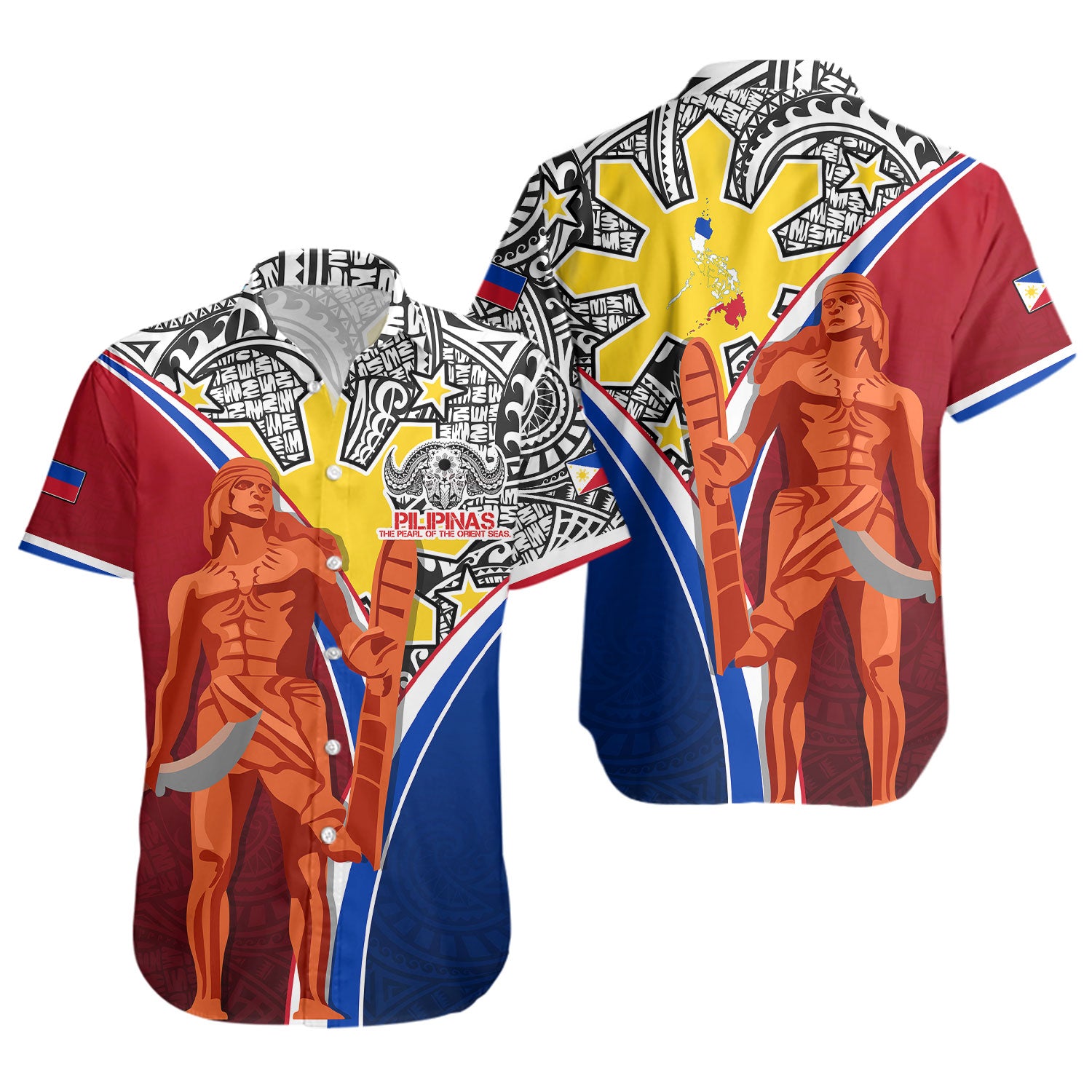 Philippines Filipinos Short Sleeve Shirt Philippines Lapu Lapu With Tribal Kalabaw And Sun