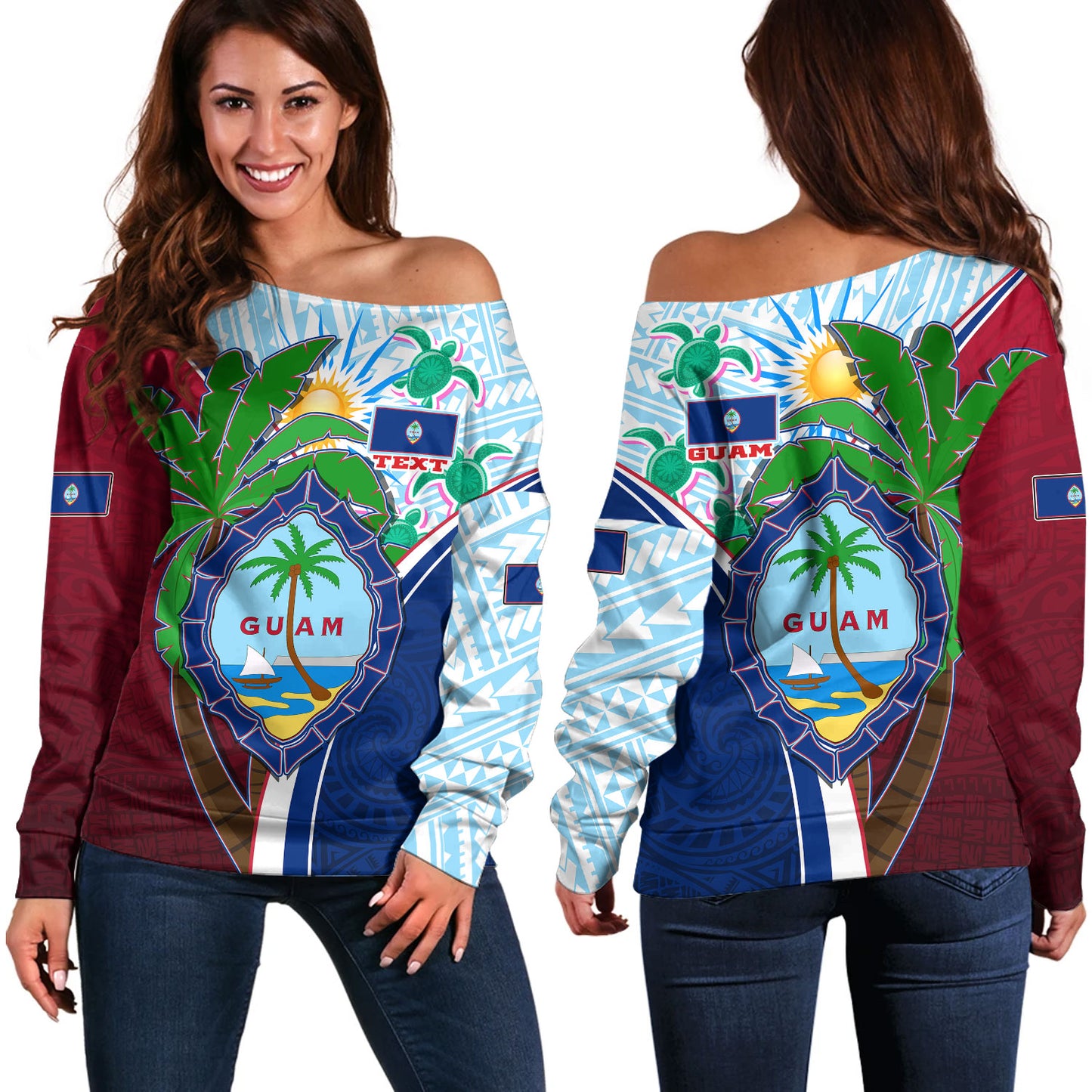 Guam Off Shoulder Sweatshirt Custom Guam Chamorro Coconut Tree of Life Polynesian Tribal Pride