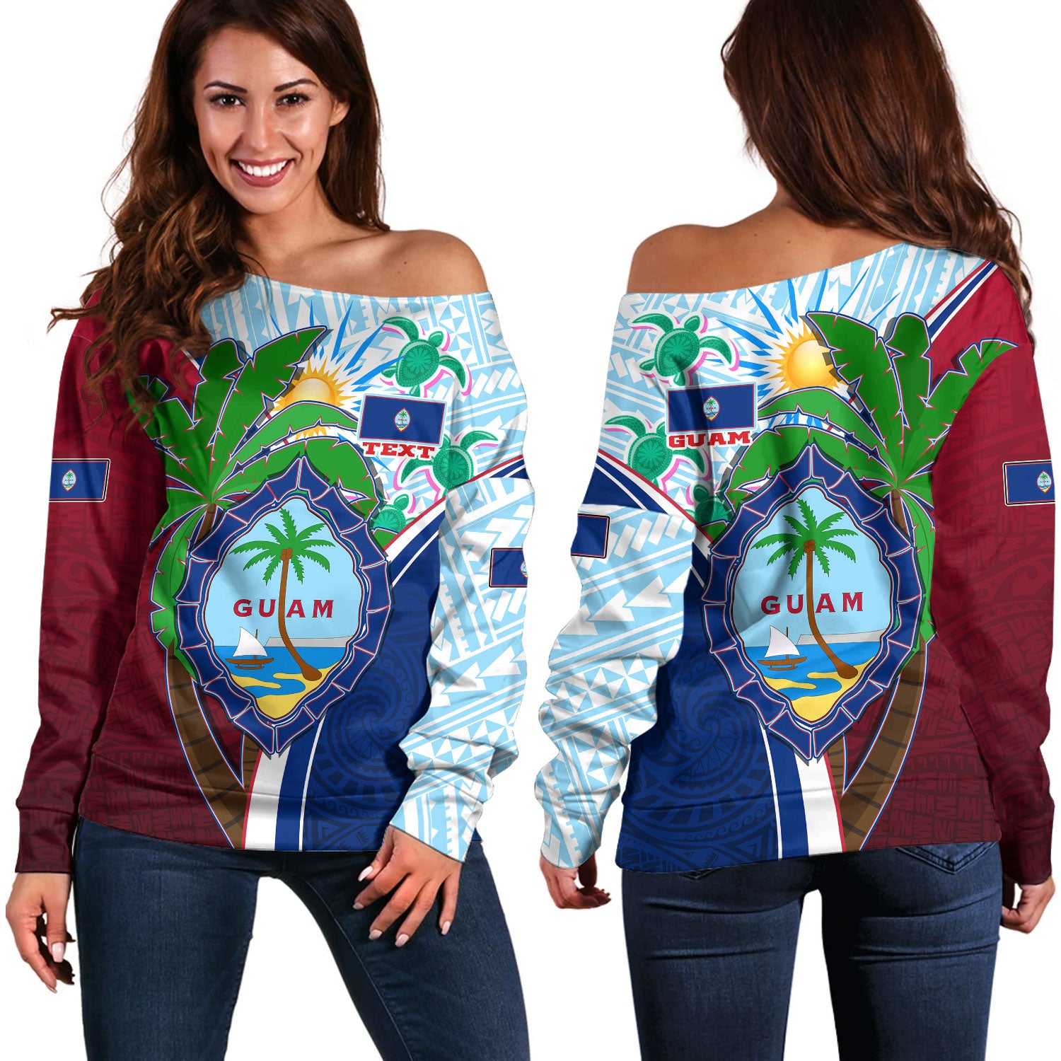 Guam Off Shoulder Sweatshirt Custom Guam Chamorro Coconut Tree of Life Polynesian Tribal Pride