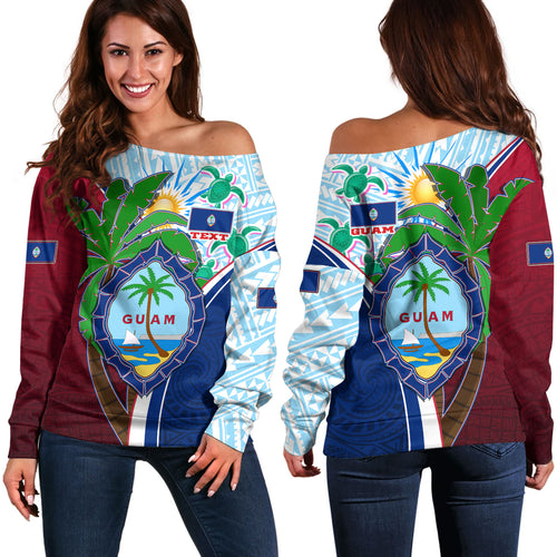 Guam Off Shoulder Sweatshirt Custom Guam Chamorro Coconut Tree of Life Polynesian Tribal Pride