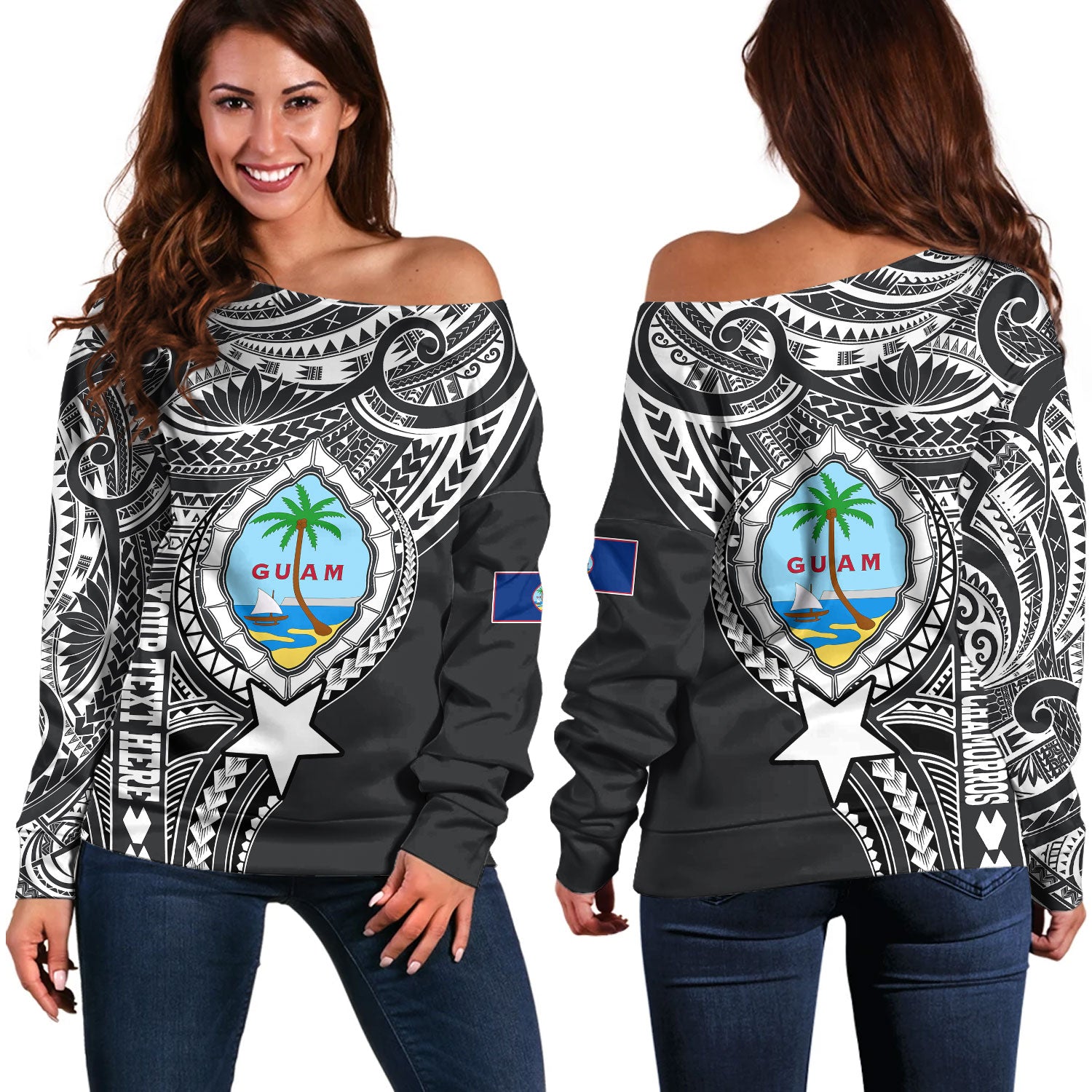Guam Off Shoulder Sweatshirt Custom Guam Coat Of Arms Polynesian Half Body Tattoo Black Style