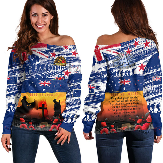 New Zealand Off Shoulder Sweatshirt New Zealand And Australian Army Corps ANZAC Day Commemoration