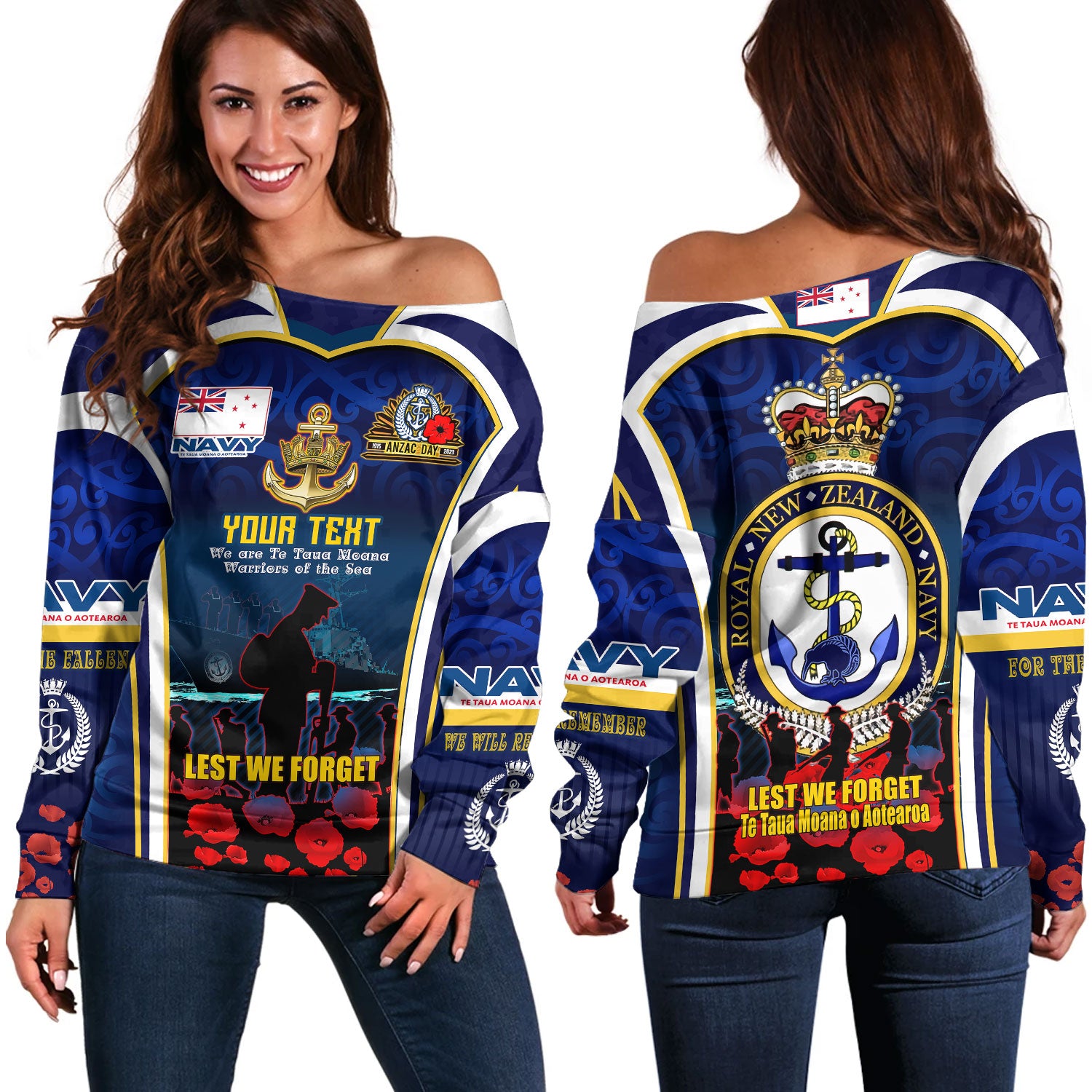 New Zealand Off Shoulder Sweatshirt Custom Anzac Day Royal New Zealand Navy Te Taua Moana o Aotearoa