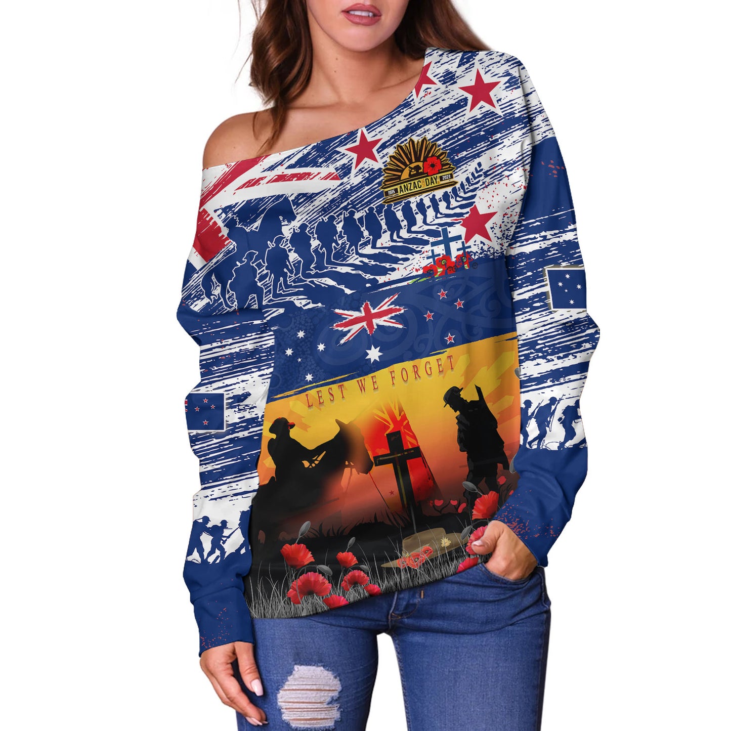 New Zealand Off Shoulder Sweatshirt New Zealand And Australian Army Corps ANZAC Day Commemoration