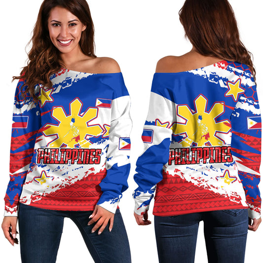 Philippines Filipinos Off Shoulder Sweatshirt Custom Filipino Sun 3 Stars Bicolor Flag Tribal Grunge Style