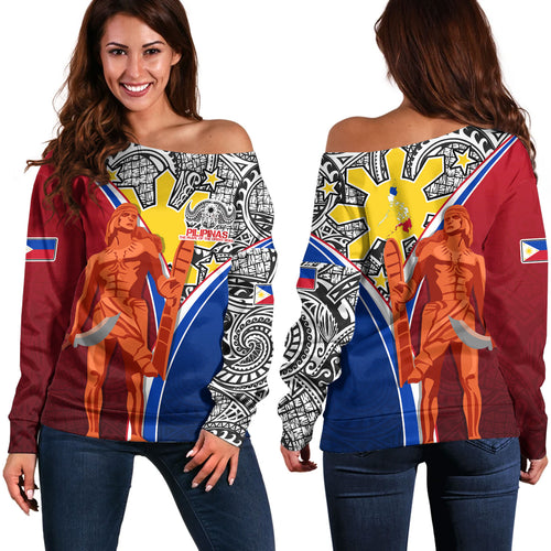 Philippines Filipinos Off Shoulder Sweatshirt Philippines Lapu Lapu With Tribal Kalabaw And Sun