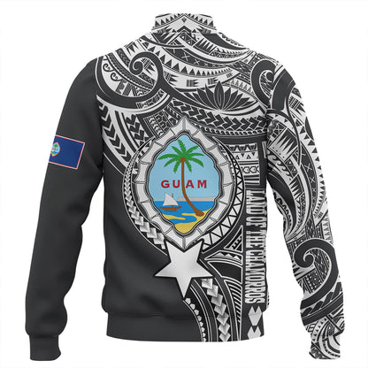 Guam Baseball Jacket Custom Guam Coat Of Arms Polynesian Half Body Tattoo Black Style