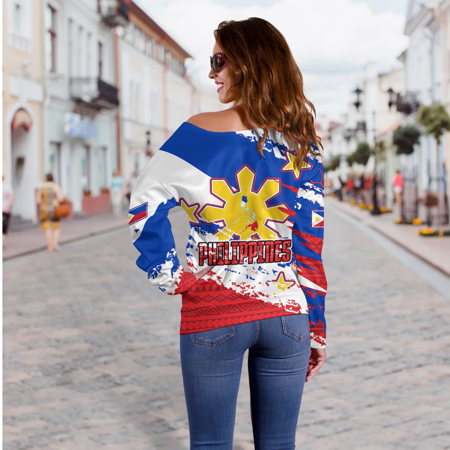 Philippines Filipinos Off Shoulder Sweatshirt Custom Filipino Sun 3 Stars Bicolor Flag Tribal Grunge Style