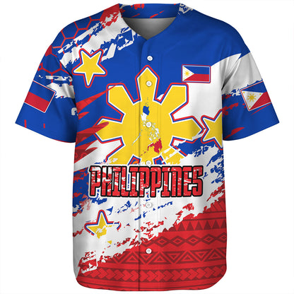 Philippines Filipinos Baseball Shirt Custom Filipino Sun 3 Stars Bicolor Flag Tribal Grunge Style