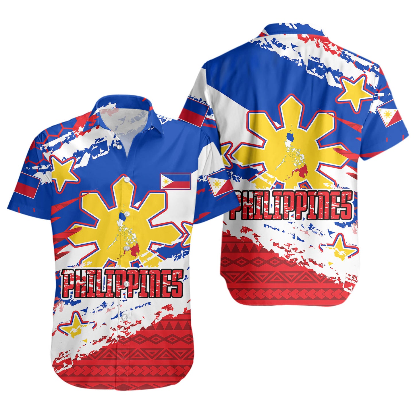 Philippines Filipinos Short Sleeve Shirt Custom Filipino Sun 3 Stars Bicolor Flag Tribal Grunge Style