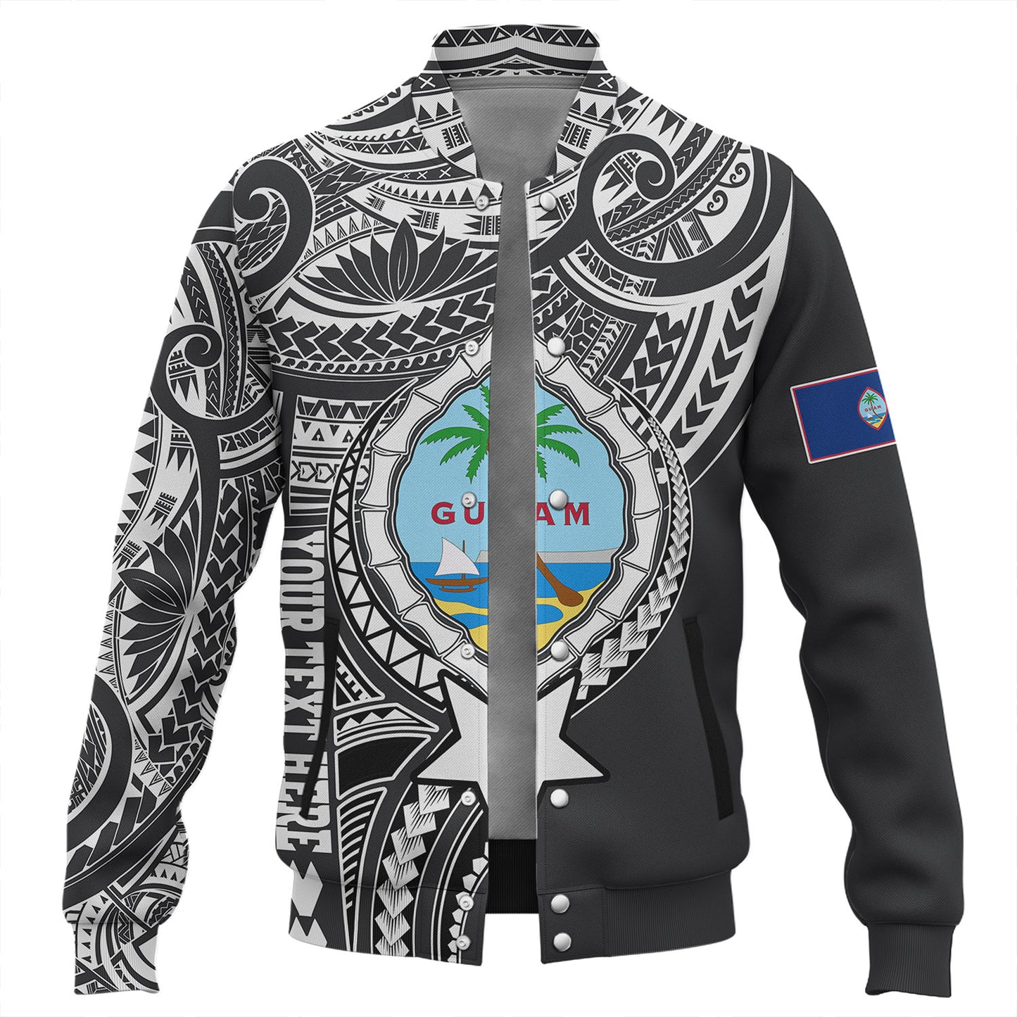 Guam Baseball Jacket Custom Guam Coat Of Arms Polynesian Half Body Tattoo Black Style