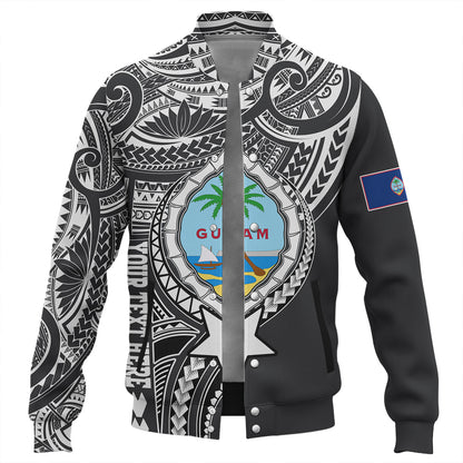 Guam Baseball Jacket Custom Guam Coat Of Arms Polynesian Half Body Tattoo Black Style