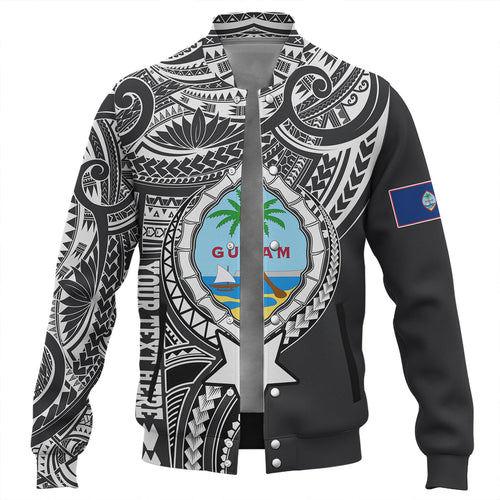 Guam Baseball Jacket Custom Guam Coat Of Arms Polynesian Half Body Tattoo Black Style