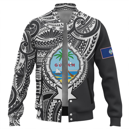 Guam Baseball Jacket Custom Guam Coat Of Arms Polynesian Half Body Tattoo Black Style