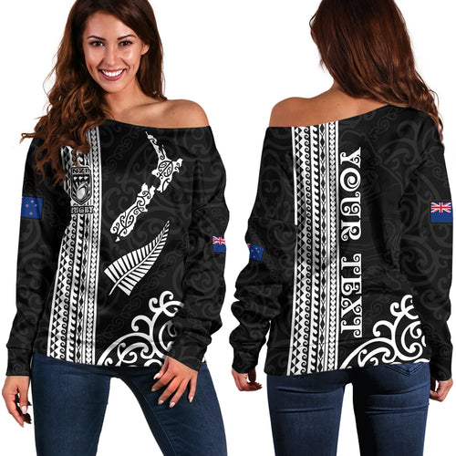 New Zealand Off Shoulder Sweatshirt Custom NZ Rugby Silver Fern And Map Maori Tribal Black Jersey