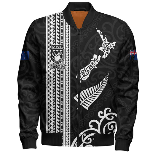 New Zealand Bomber Jacket Custom NZ Rugby Silver Fern And Map Maori Tribal Black Jersey