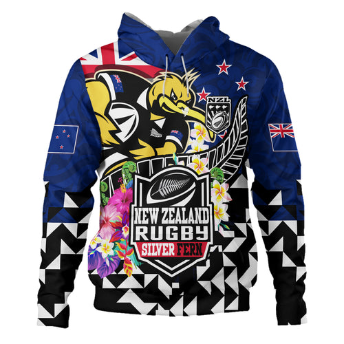 New Zealand Hoodie Custom Maori Kiwis Rugby Silver Fern Black Hexagon Tropical Jersey