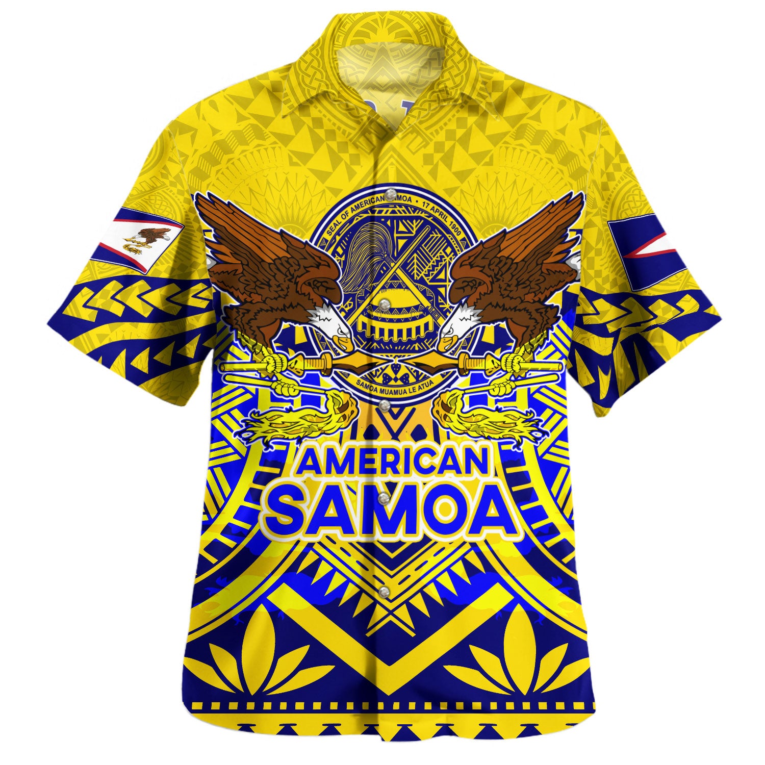 American Samoa Hawaiian Shirt Custom American Samoa Seal And Eagle Polynesian Tattoo Yellow