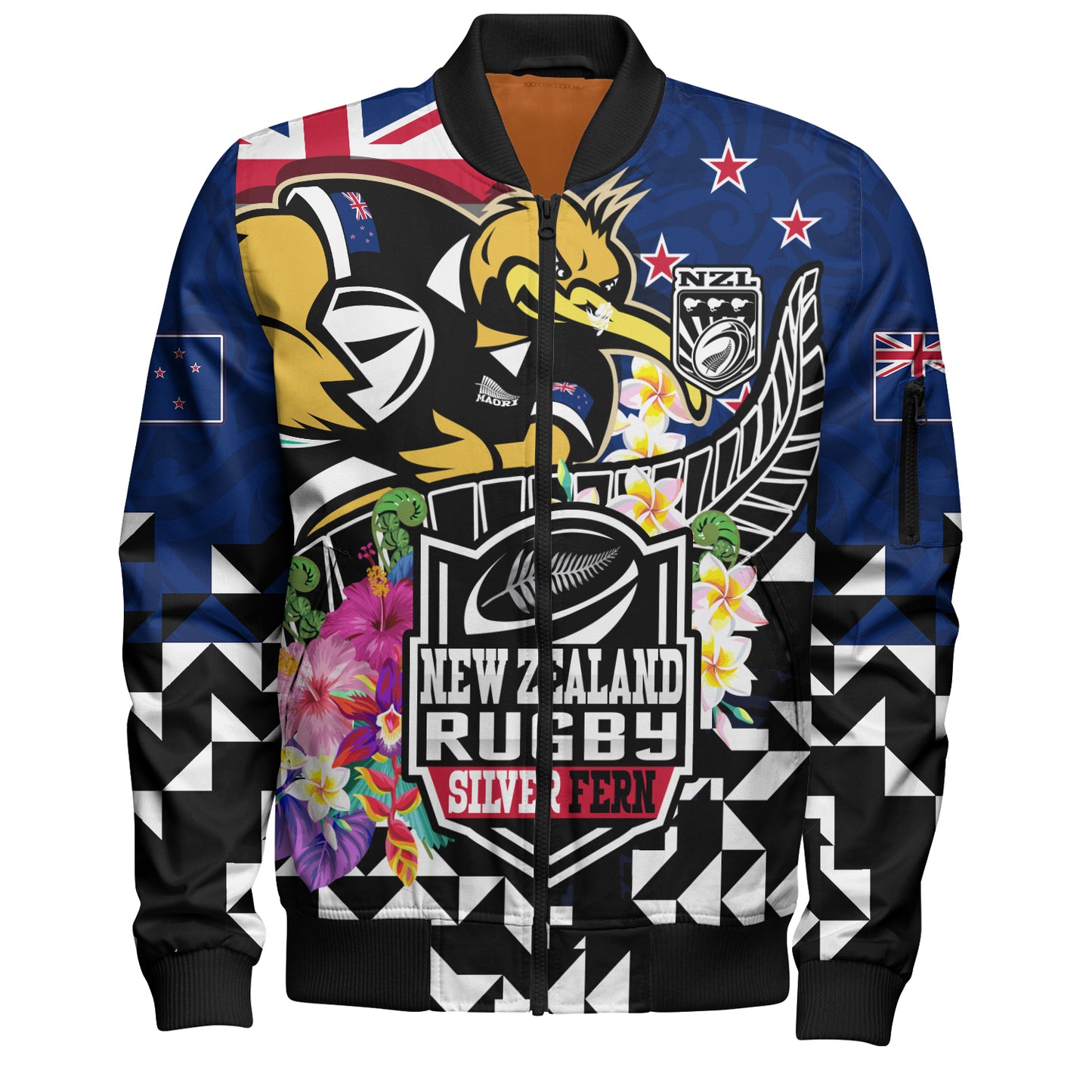 New Zealand Bomber Jacket Custom Maori Kiwis Rugby Silver Fern Black Hexagon Tropical Jersey