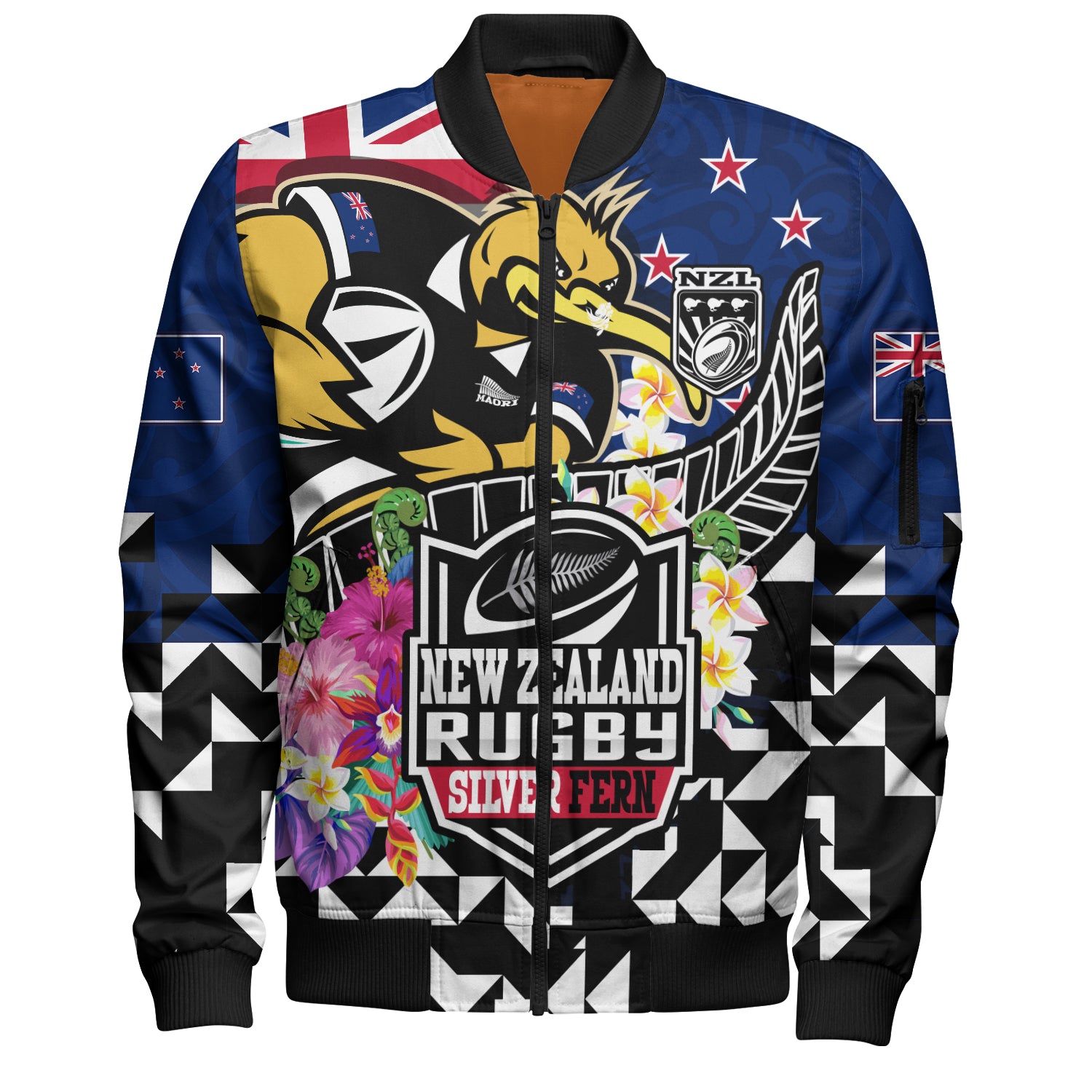 New Zealand Bomber Jacket Custom Maori Kiwis Rugby Silver Fern Black Hexagon Tropical Jersey