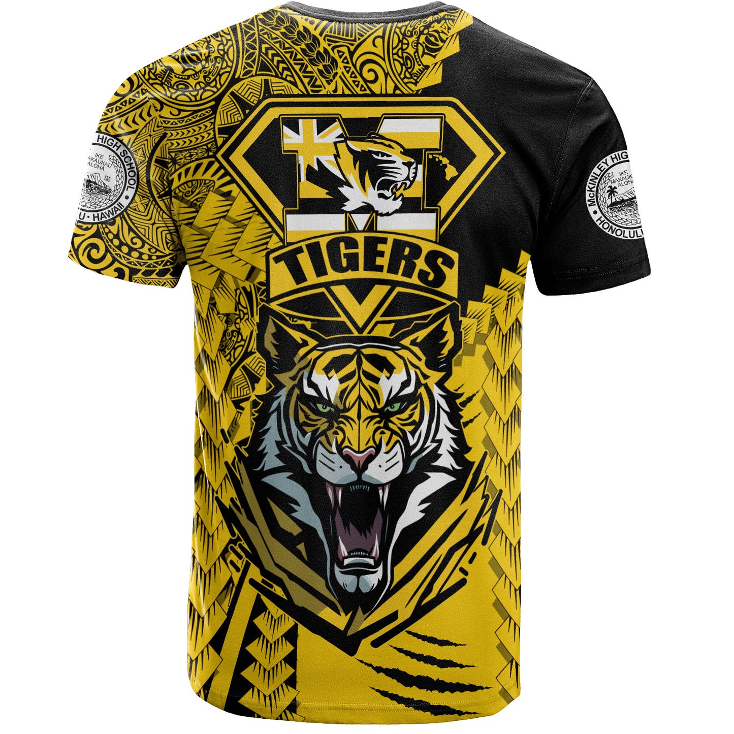 Hawaii T-Shirt Custom McKinley High School Tigers Black and Gold Polynesian Style