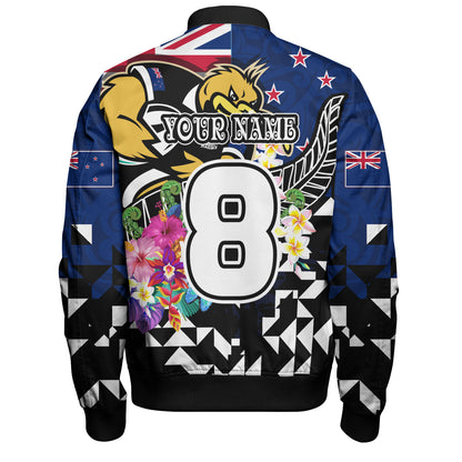 New Zealand Bomber Jacket Custom Maori Kiwis Rugby Silver Fern Black Hexagon Tropical Jersey