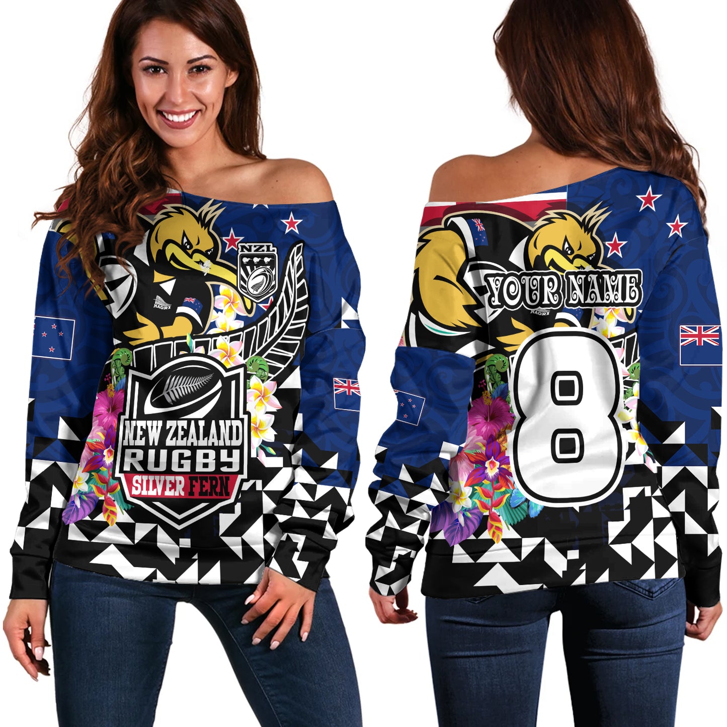 New Zealand Off Shoulder Sweatshirt Custom Maori Kiwis Rugby Silver Fern Black Hexagon Tropical Jersey