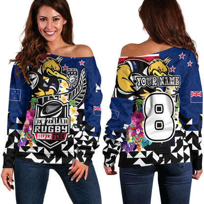 New Zealand Off Shoulder Sweatshirt Custom Maori Kiwis Rugby Silver Fern Black Hexagon Tropical Jersey