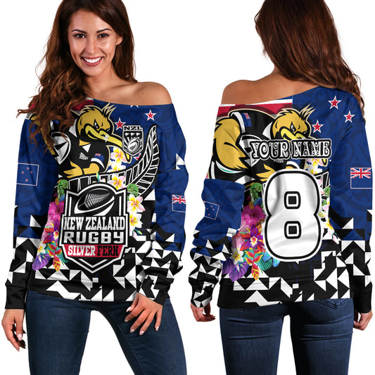 New Zealand Off Shoulder Sweatshirt Custom Maori Kiwis Rugby Silver Fern Black Hexagon Tropical Jersey
