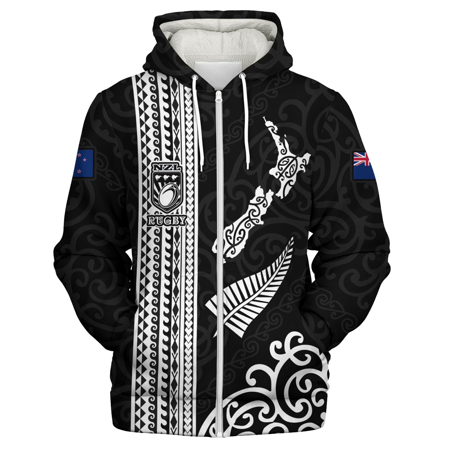 New Zealand Sherpa Hoodie Custom NZ Rugby Silver Fern And Map Maori Tribal Black Jersey