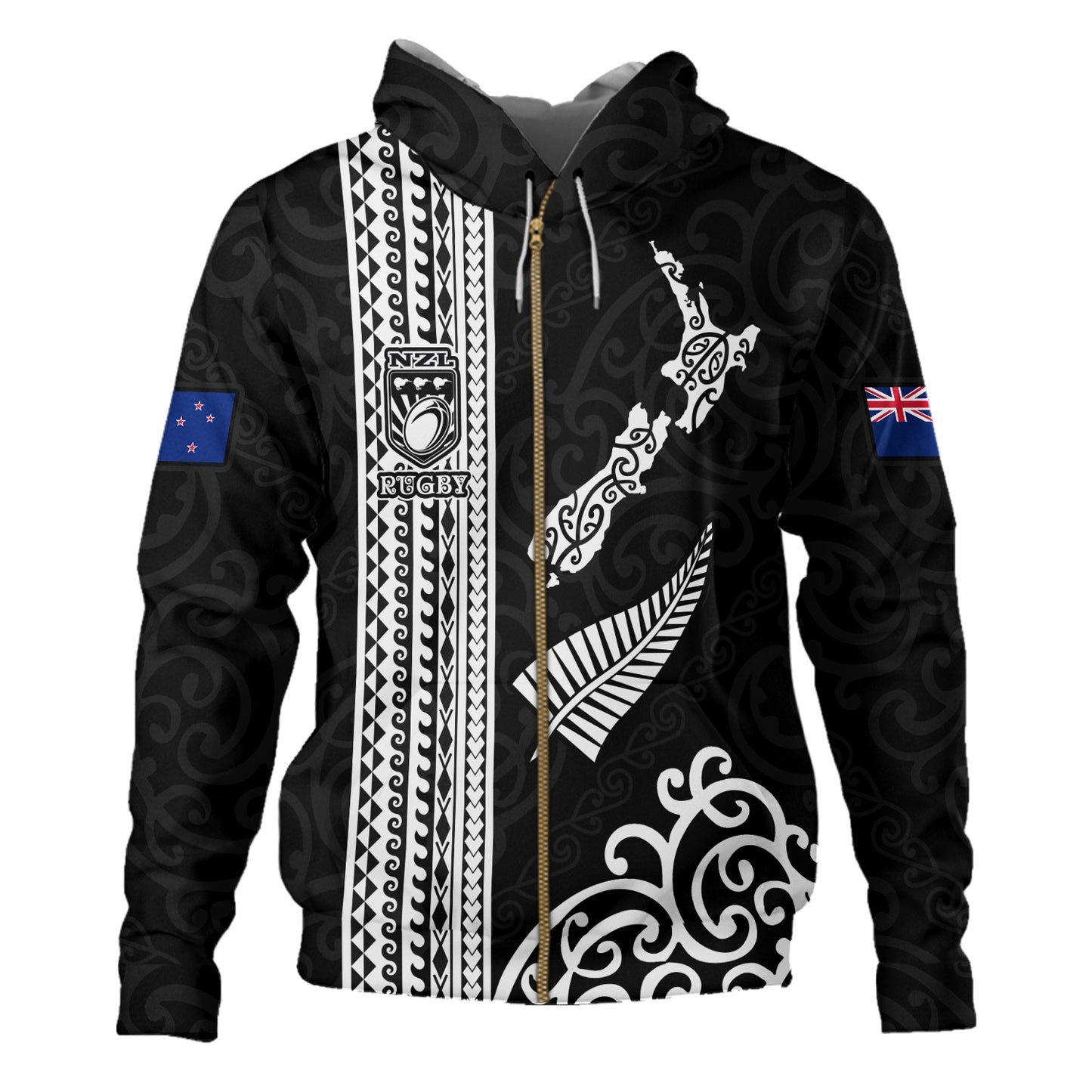 New Zealand Hoodie Custom NZ Rugby Silver Fern And Map Maori Tribal Black Jersey